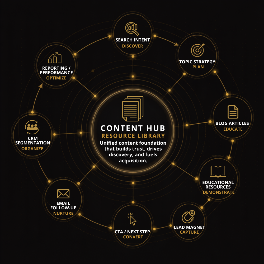 Content-Led Acquisition Workflow Diagram Diagram showing a content-led acquisition system connecting search intent, topic strategy, blog articles, educational resources, lead magnets, calls to action, email follow-up, CRM segmentation, reporting, and performance optimization.