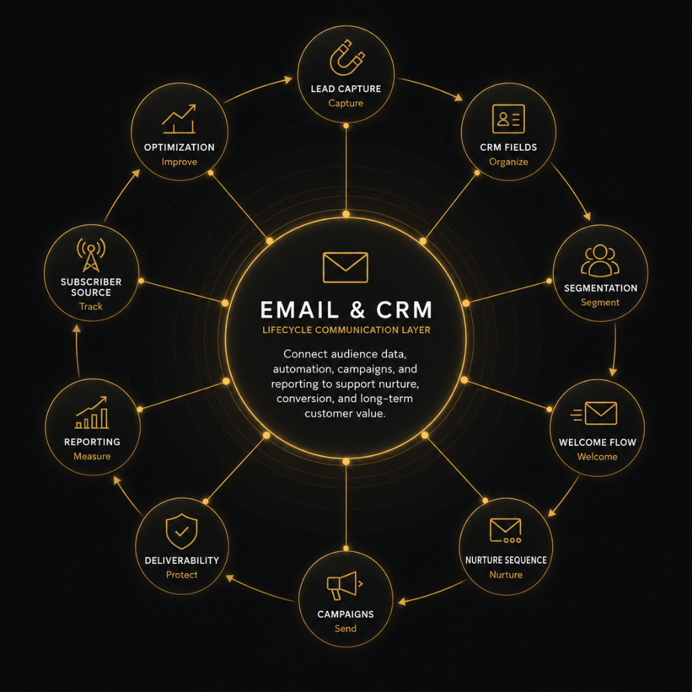 Email and CRM Lifecycle System Workflow Diagram Diagram showing the Email & CRM lifecycle system connected to lead capture, CRM fields, segmentation, welcome flows, nurture sequences, campaigns, deliverability, reporting, subscriber sources, and optimization.