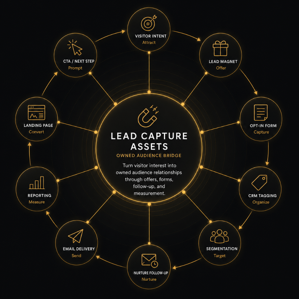Lead Capture Assets Workflow Diagram Diagram showing lead capture assets connected to visitor intent, lead magnets, opt-in forms, CRM tagging, segmentation, nurture follow-up, email delivery, reporting, landing pages, and calls to action.