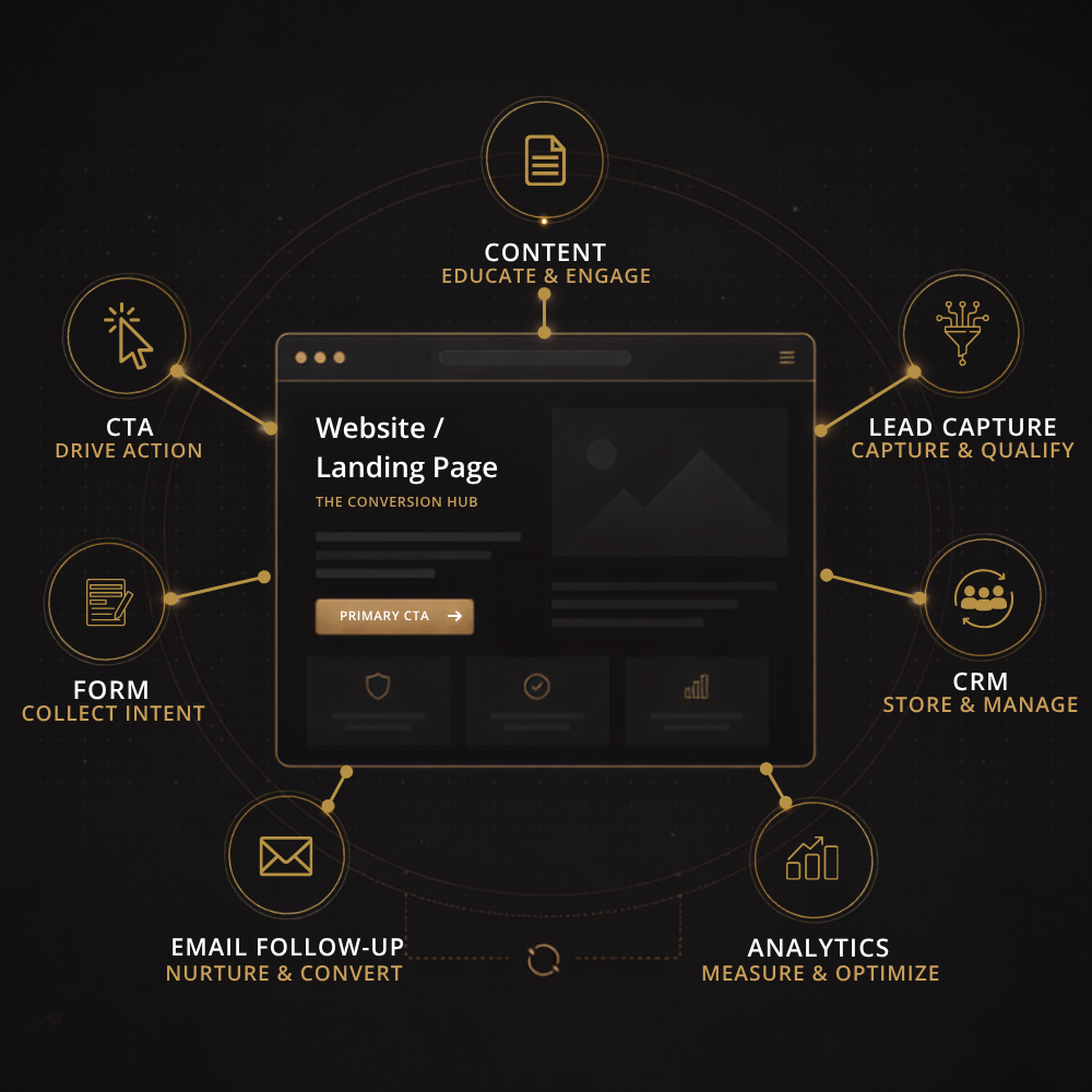 Website & Landing Page Conversion System Diagram Technical diagram illustrating a website and landing page conversion system, showing how content, calls to action, forms, lead capture, CRM, email follow-up, and analytics work together to convert visitors into qualified leads.